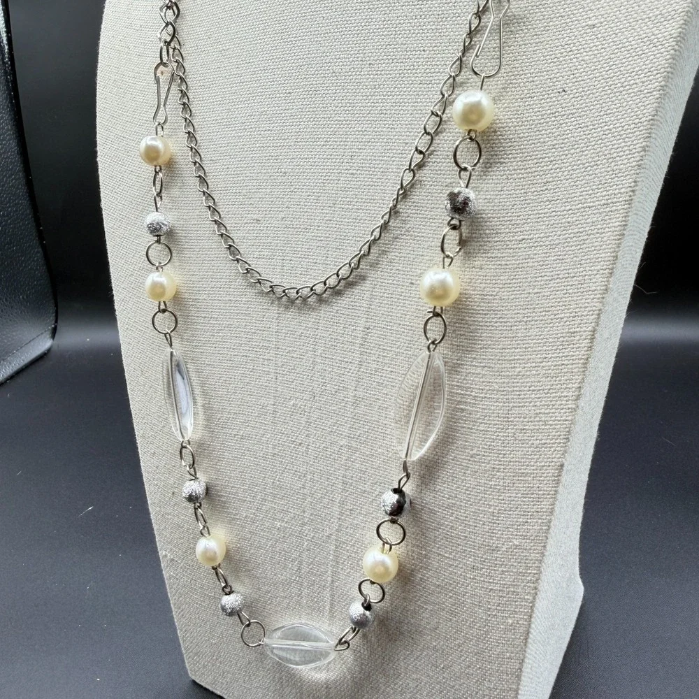 Silver Tone Faux Pearl Clear Bead Long Layering Necklace Y2K Boho Statement